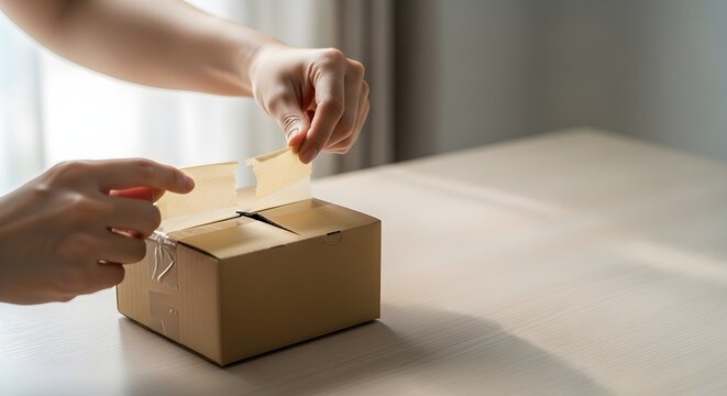 Close-up of hands carefully sealing a brown cardboard shipping box with clear tape on a wooden table, representing e-commerce packaging or home delivery preparation.