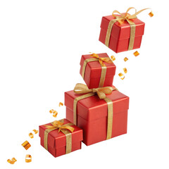 Obraz premium Festive red gift boxes stacked with golden ribbons and confetti create joyful atmosphere for celebrations