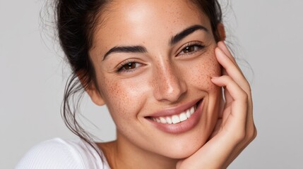 Happy Latina woman with flawless skin and freckles, promoting skincare and cosmetics. 
