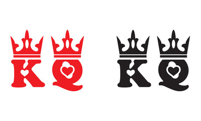 King and Queen playing card symbols graphic. Vector illustration of king and queen letters with crown and heart icons, representing playing cards, love, royalty, and game design.

