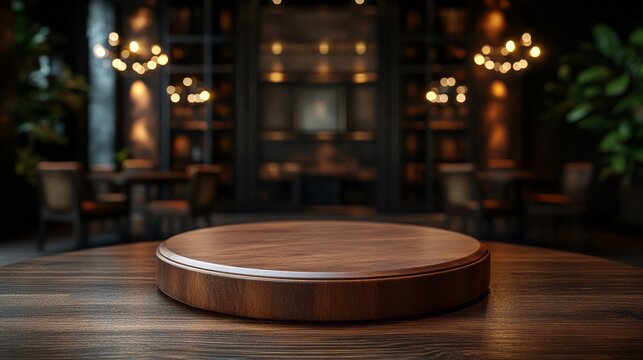 A round, wooden display platform sits atop a dark wooden table, set against the out-of-focus backdrop of a stylish, dimly lit restaurant.