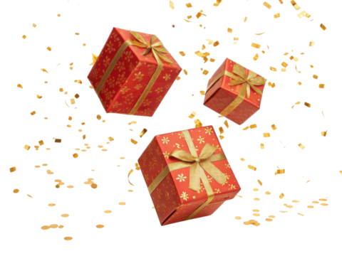 Festive red gift boxes with golden ribbons float amidst shower of golden confetti, creating joyful and celebratory atmosphere