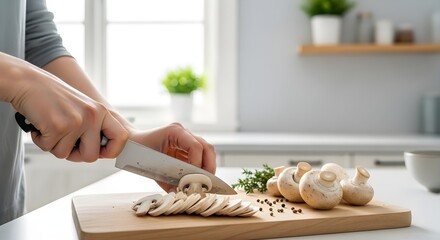 Woman's hands skillfully slicing fresh mushrooms on a wooden cutting board in a bright, modern kitchen, preparing a healthy meal.