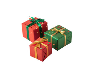 Obraz premium Festive gift boxes in red and green with decorative ribbons and confetti create joyful atmosphere for celebrations