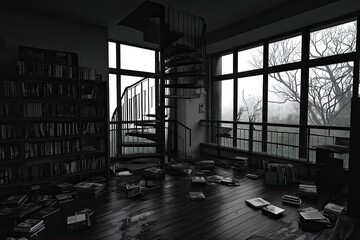 A dimly lit, cluttered library with a spiral staircase