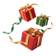 Obraz premium Festive gift boxes in red and green with golden ribbons create cheerful atmosphere, perfect for celebrations and holidays