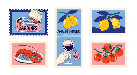 Vibrant collection of stylized food stamps featuring sardines, lemons, lobster, wine, and tomatoes, perfect for culinary themes and artisanal branding.