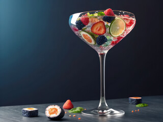 Cocktail glass with floating fruit slices including strawberry, lime, blackberry, and cucumber, refreshing and colorful drink