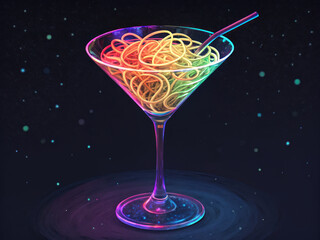 Cocktail glass filled with glowing neon digital noodles and straw, vibrant colors create futuristic and playful atmosphere
