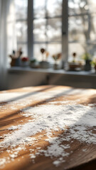 A wooden table covered in flour with a window in the background showing kitchen utensils and plants