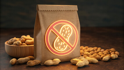 No peanut symbol glowing on brown paper bag with peanut shell on wooden table in dark background