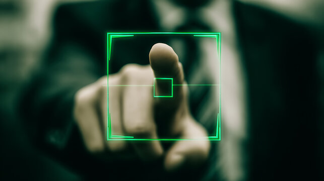A person's finger pointing at a digital interface with a green targeting reticle overlay.