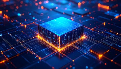 Abstract glowing circuit board with central cube