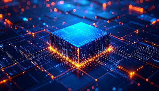 Abstract glowing circuit board with central cube
