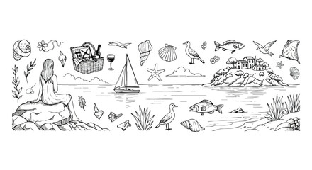 Whimsical seaside scene unfolds with a woman gazing at a sailboat, picnic basket, island village, and marine life, perfect for summer and travel themes.