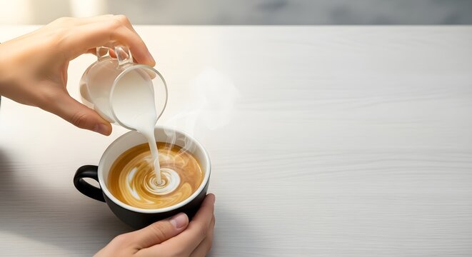 Close-up shot showcasing hands pouring milk into a cup of coffee, creating a latte art swirl on a white wooden table, embodying the comforting and creative act of coffee making.