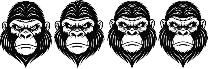 Set of fierce gorilla head illustrations, black and white detailed ape face designs, powerful wildlife mascot art for branding and decoration