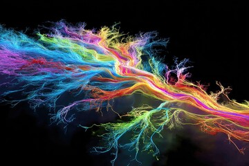 Abstract, vibrant streams of colorful, wispy tendrils against black
