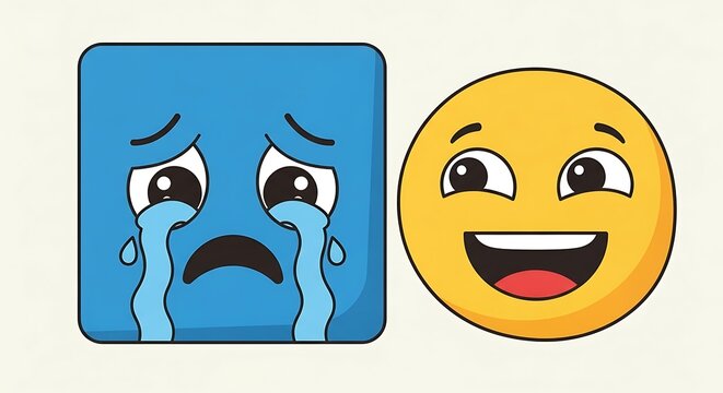 Embrace the contrast between deep sadness and overwhelming joy with these expressive emoji characters representing emotional extremes in relatable situations