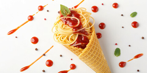 Spaghetti noodle served in waffle cone with tomato sauce and basil leaves, creative food presentation with sauce drops
