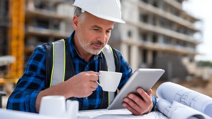 A construction worker in a hard hat reviews plans on a tablet while sipping coffee