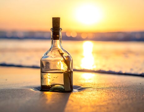 Bottle message on beach at sunrise