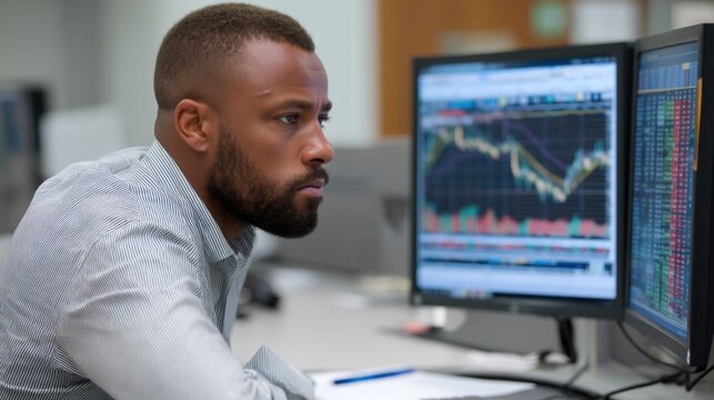 European financial analyst reviewing cryptocurrency data on a stock exchange platform.  - Powered by Adobe