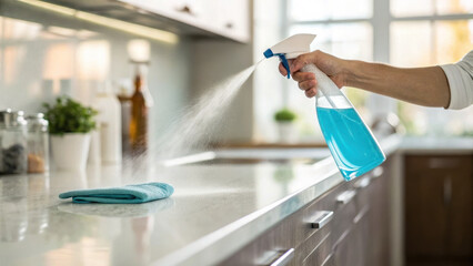 Cleaning spray bottle with blue liquid disinfecting kitchen counter with cloth on surface in bright room