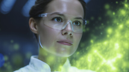 Scientist woman laboratory safety glasses glowing green experiment futuristic technology focus research innovation professional healthcare medical