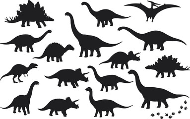 Dinosaur silhouettes collection with Stegosaurus, Triceratops, Brachiosaurus, Ankylosaurus, T Rex, Pterosaur, prehistoric animals, vector illustration for education and science