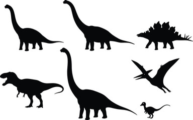 Dinosaur silhouettes collection with T Rex, Stegosaurus, Brachiosaurus, Pterodactyl, prehistoric reptiles, Jurassic animals, vector illustration for education and science