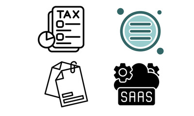 A collection of four distinct icons representing business and technology concepts, including tax documents, a menu, attached papers, and a cloud-based SaaS application.