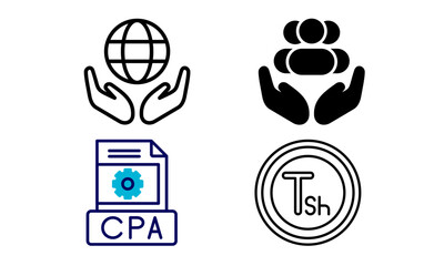Four icons representing global reach, support, document verification, and currency.