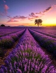 Naklejka premium Lavender field at sunrise