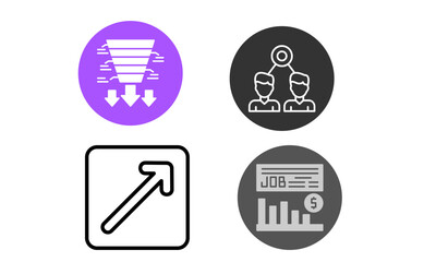Four business icons: funnel, hierarchy, growth, and job statistics.