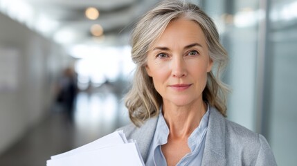 Mature female executive standing in bright corporate office with paperwork, professional portrait. 