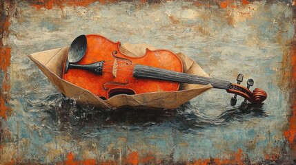 Violin on paper boat in water, artistic representation, background texture