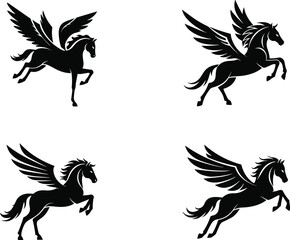 Silhouette Pegasus horse with wings, flying fantasy mythical creature, elegant black stallion illustration, isolated vector artwork design, legend mythology concept