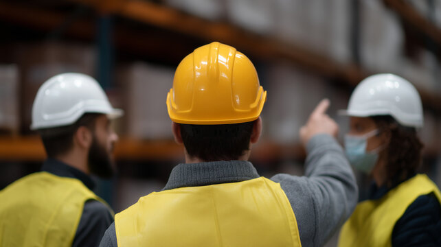 Team of workers in safety gear coordinating task in warehouse, wearing hard hats and reflective vests, focused and collaborative