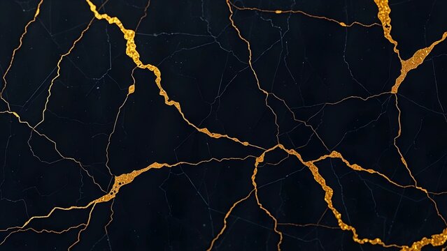 Luxurious black marble texture with elegant golden cracks, a stunning abstract background inspired by the Japanese art of kintsugi
