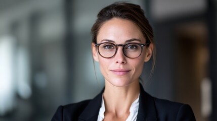 Professional French corporate leader woman, 35 years old, elegant in suit and glasses, standing in office, leadership portrait. 
