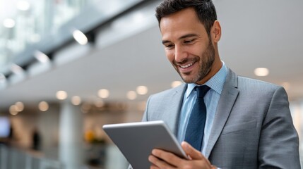 Happy young Asian businessman using tablet at modern office, checking online financial data. 