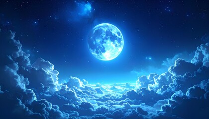 fantasy illustration of the bright full moon in the starry night sky above the clouds with shining light.