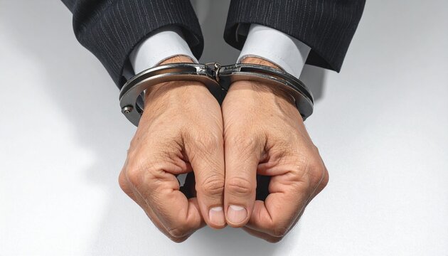 A detailed close up view of a pair of human hands tightly restrained in cold metallic handcuffs resting against a stark white table surface, symbolizing justice, law enforcement, restraint and confine