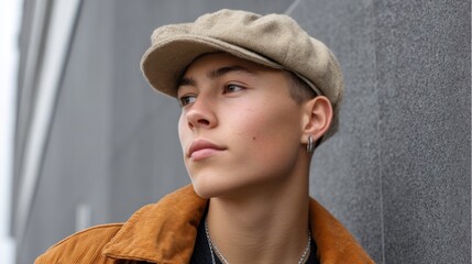 Hipster teenager in a khaki cap and modern outfit, embodying fashion trends in a vertical shot. 