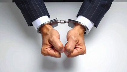 A detailed close up view of a pair of human hands tightly restrained in cold metallic handcuffs resting against a stark white table surface, symbolizing justice, law enforcement, restraint and confine