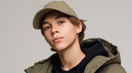Hipster teenager in a khaki cap and modern outfit, embodying fashion trends in a vertical shot. 