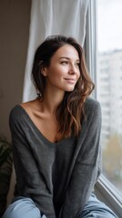 Relaxed young woman in a cozy apartment, looking out the window with a serene smile. 