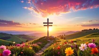 Cross on Hilltop at Sunset - A Symbol of Faith and Hope.