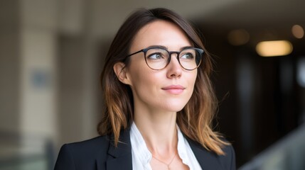 Professional French corporate leader woman, 35 years old, elegant in suit and glasses, standing in office, leadership portrait. 
